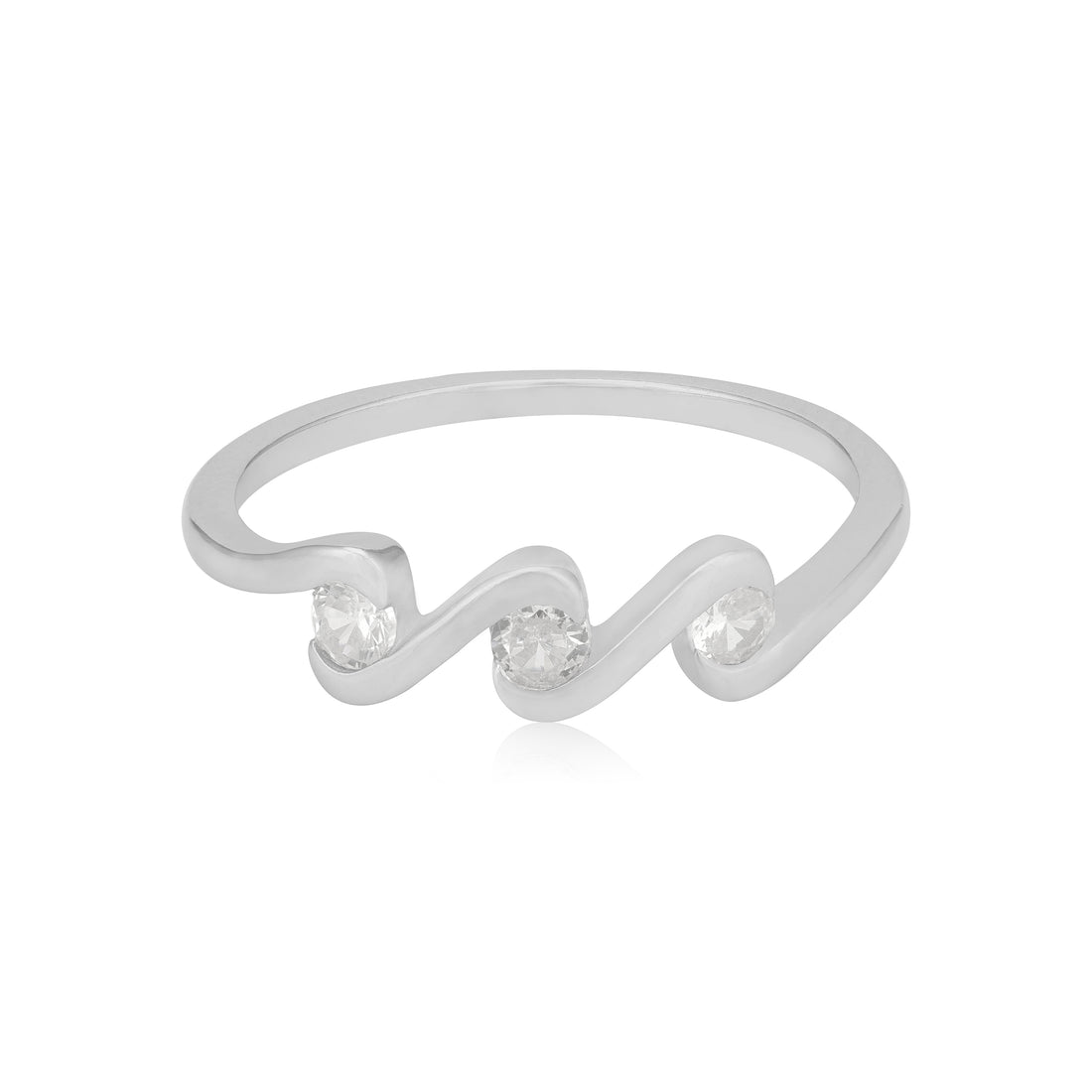 925 Sterling Silver Triple Stoned Swirl Pattern Rhodium Plated Rings For Women