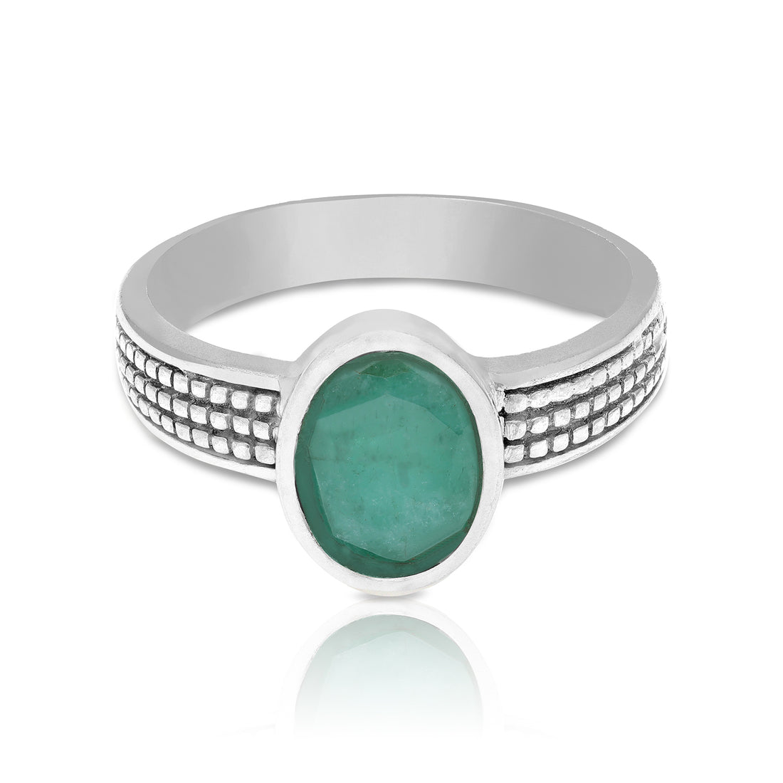 925 Sterling Silver Triple Textured Oval-Cut Emerald Green Stone Ring for Men
