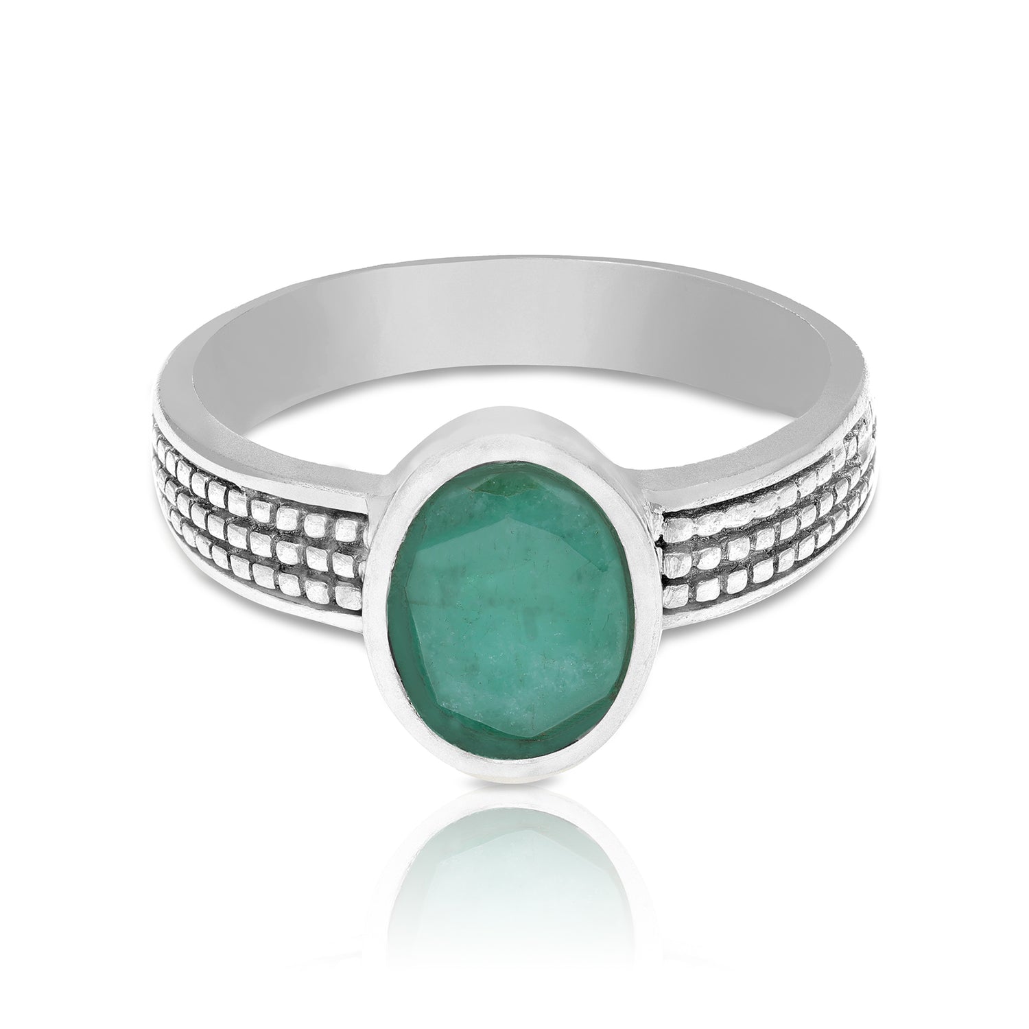925 Sterling Silver Triple Textured Oval-Cut Emerald Green Stone Ring for Men