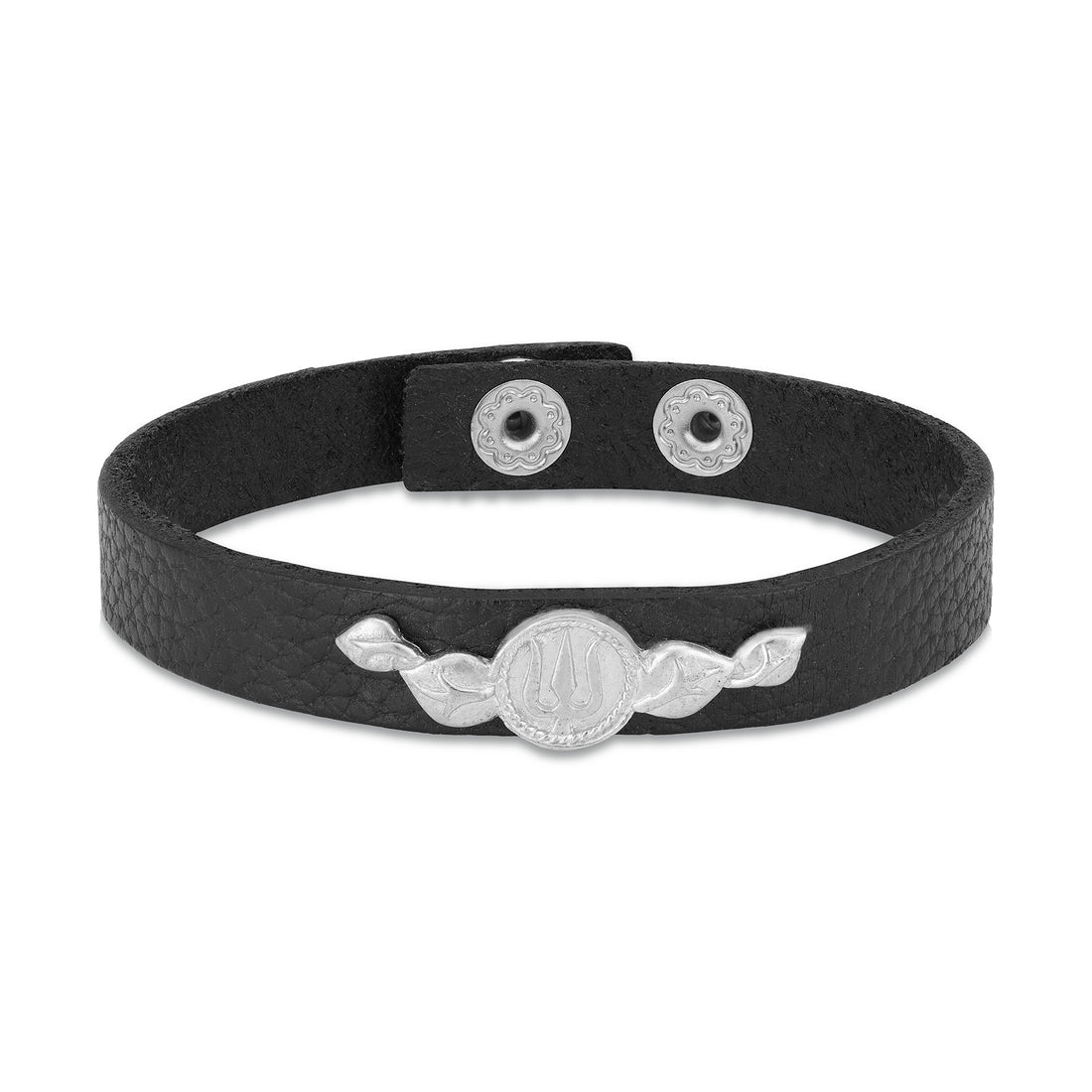 925 Sterling Silver Trishul Emblem Dual Leaf Vine Motif Matte Black Leather Strap Bracelet for Men