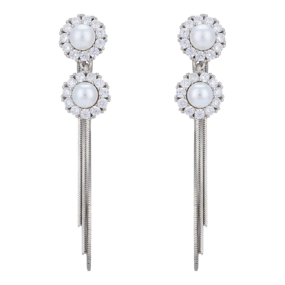 925 Sterling Silver Twin Floral Long Dangler Rhodium Plated Earrings For Women