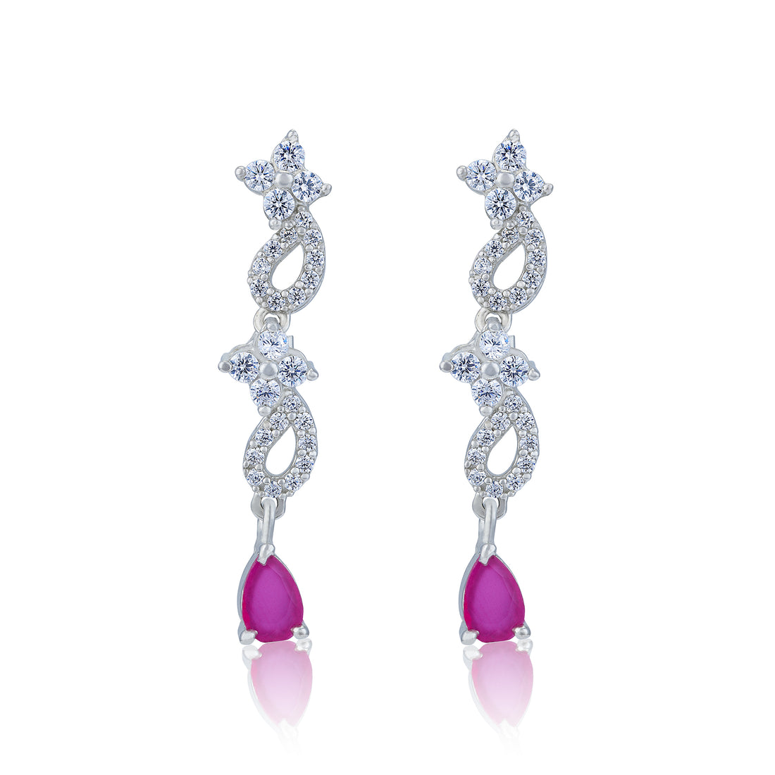 925 Sterling Silver Twisted Floral Ruby Pink Teardrop Stone Earrings for Women