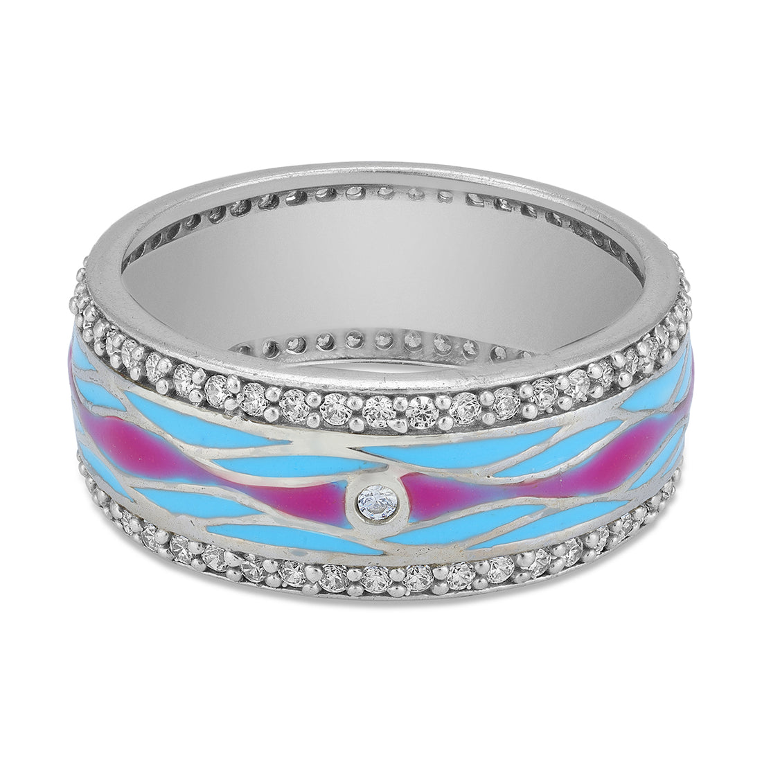 925 Sterling Silver Vibrant Aqua Pink Enamel Wave Band Ring for Women