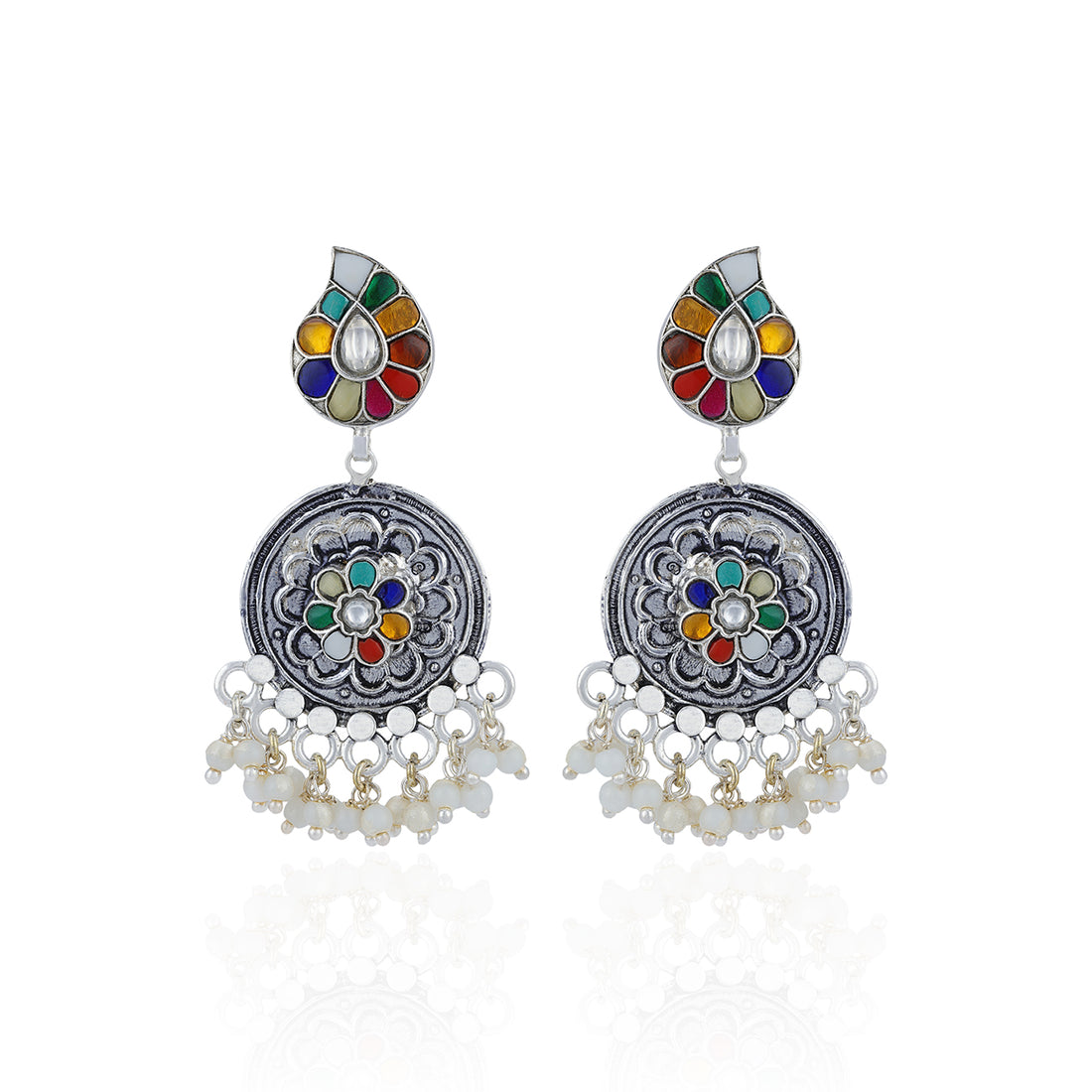 925 Sterling Silver Vibrant Floral Pearl Dangle Earrings