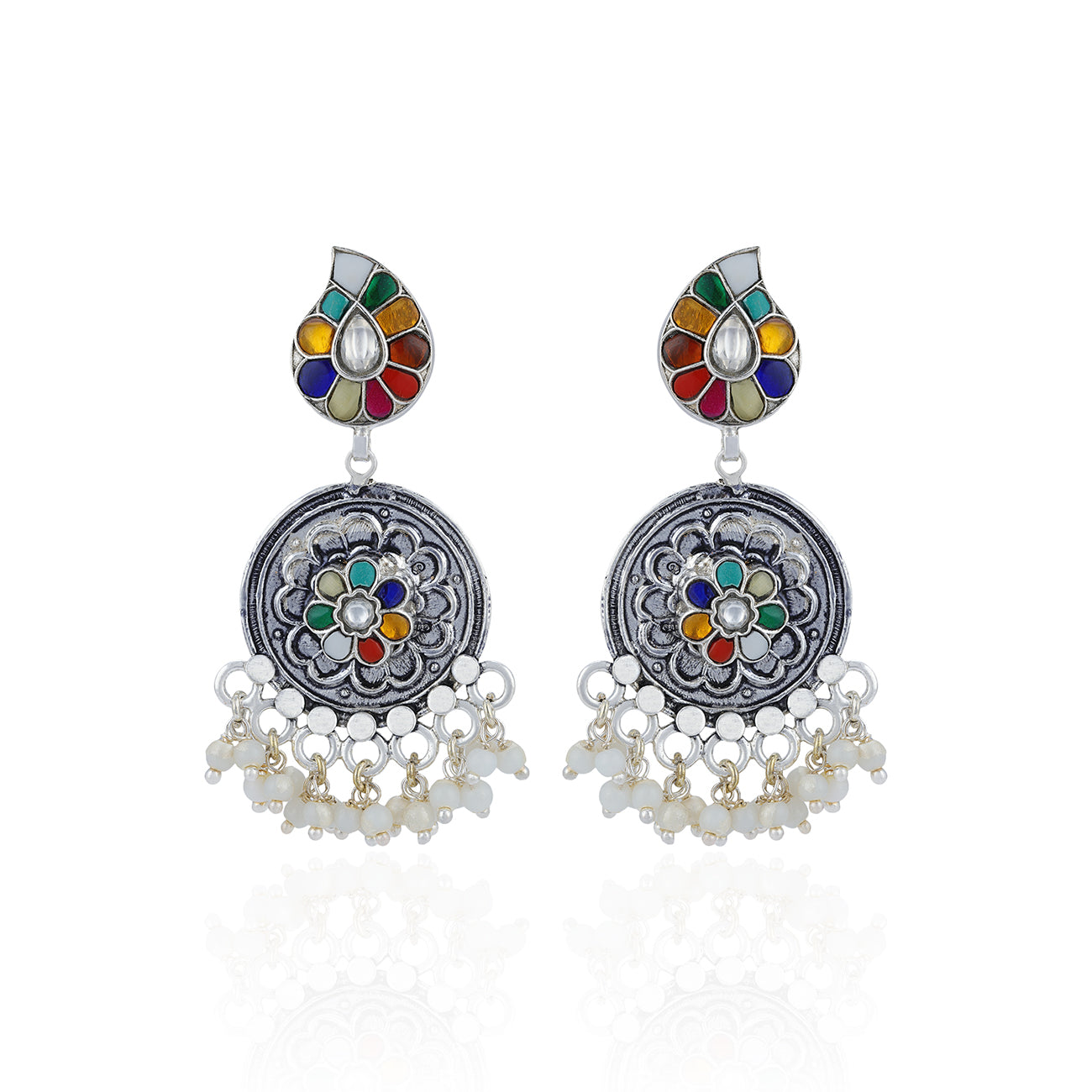 925 Sterling Silver Vibrant Floral Pearl Dangle Earrings