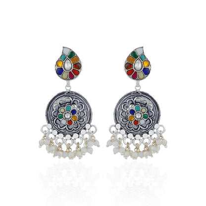 925 Sterling Silver Vibrant Floral Pearl Dangle Earrings