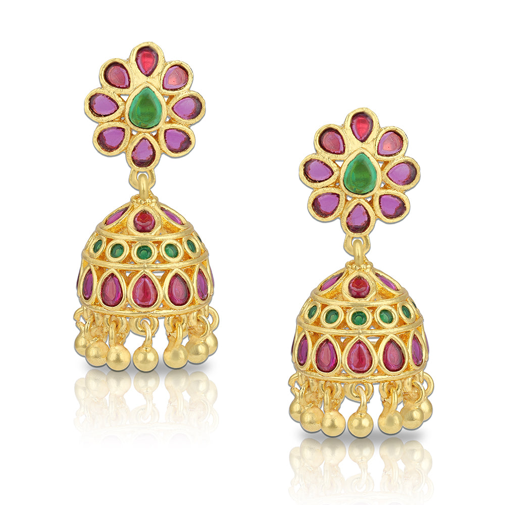 925 Sterling Silver Vibrant Ruby Green Blossom Jhumka for Women