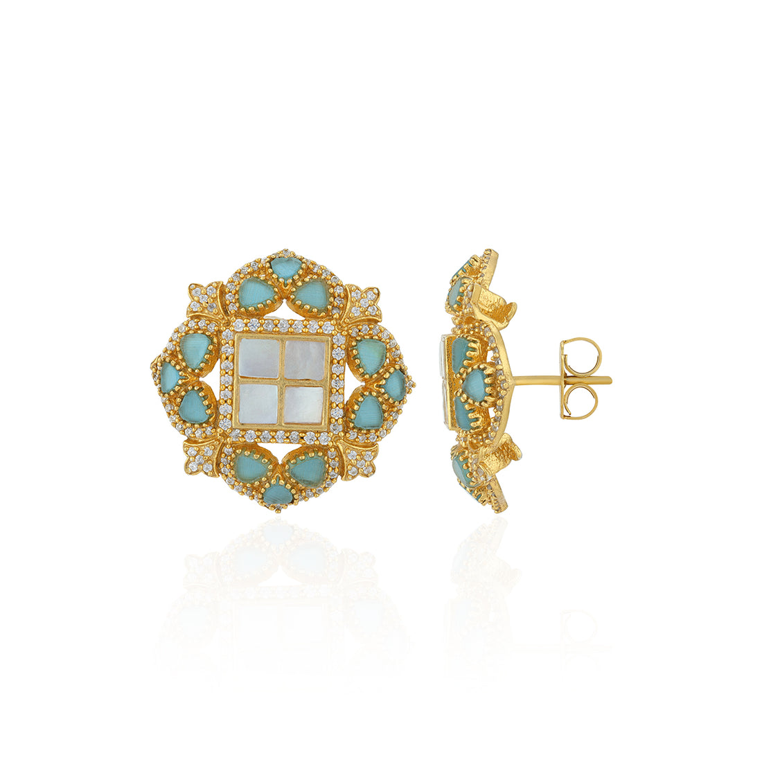Gold and turquoise earrings on a white background