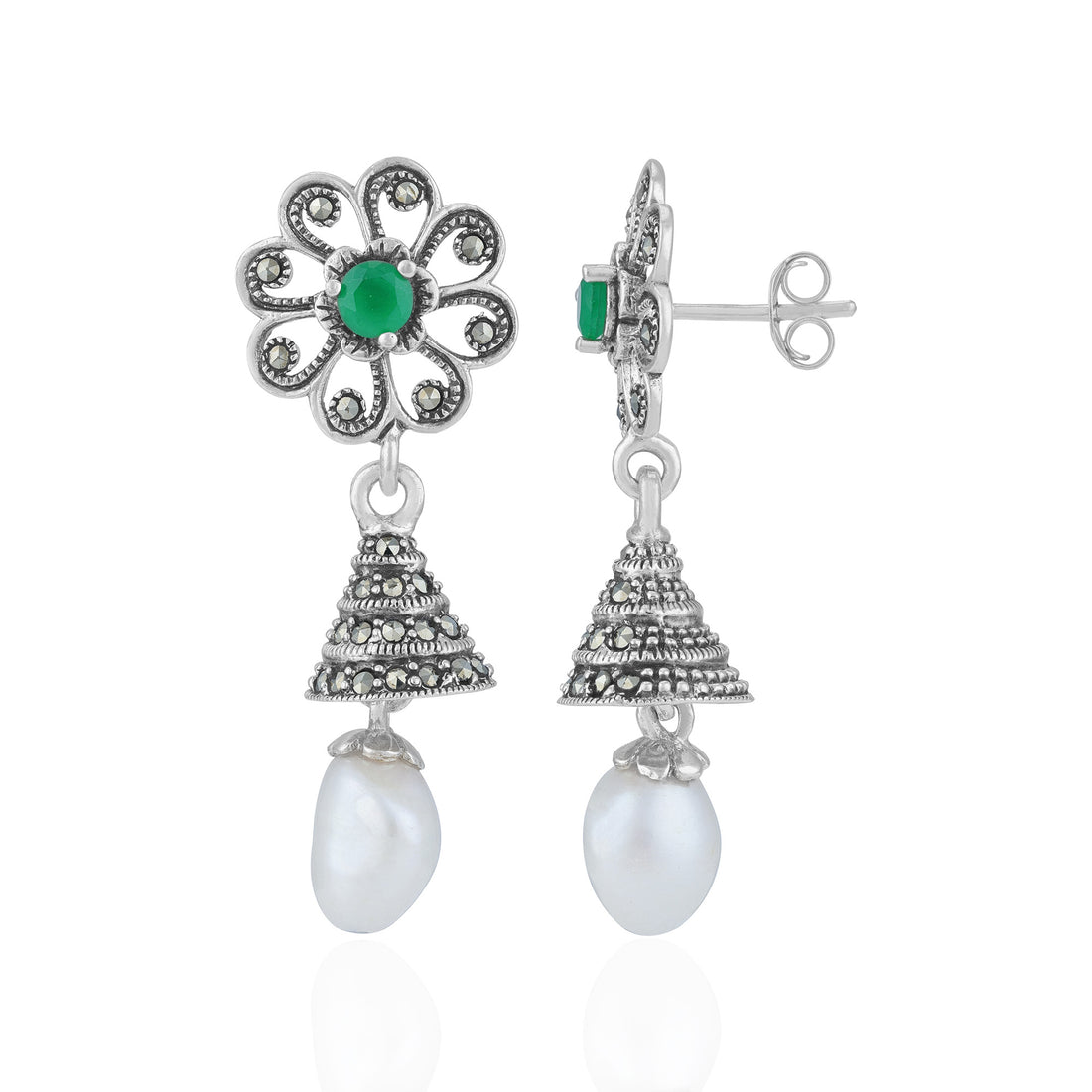 925 Sterling Silver Vintage Marcasite Flower Textured Cone Pearl Earring for Women