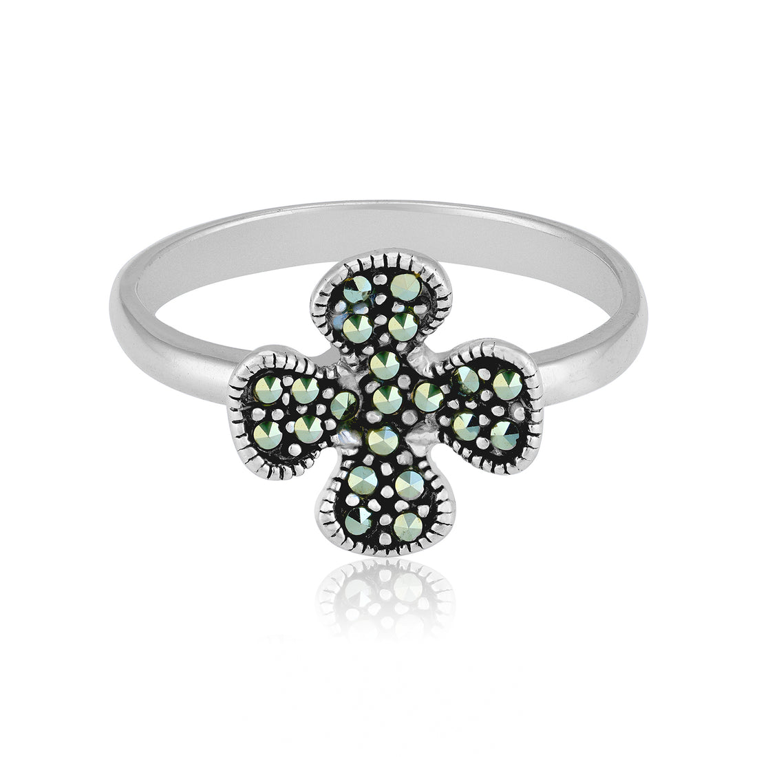 925 Sterling Silver Vintage Marcasite Studded Floral Cross Beaded Frame Ring for Women