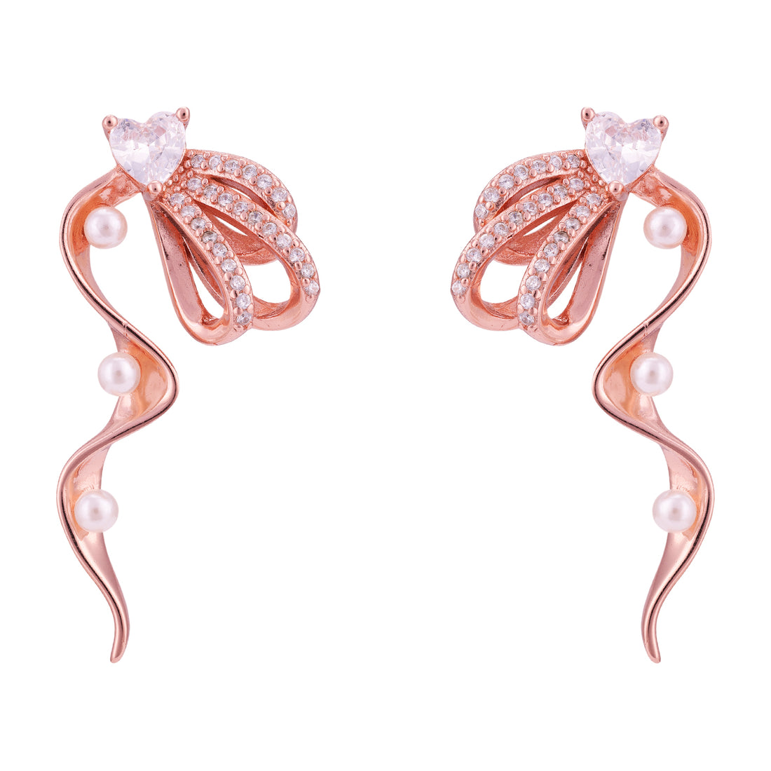 925 Sterling Silver Wavy Pearl Droplet Sparkling Heart Top Earring for Women