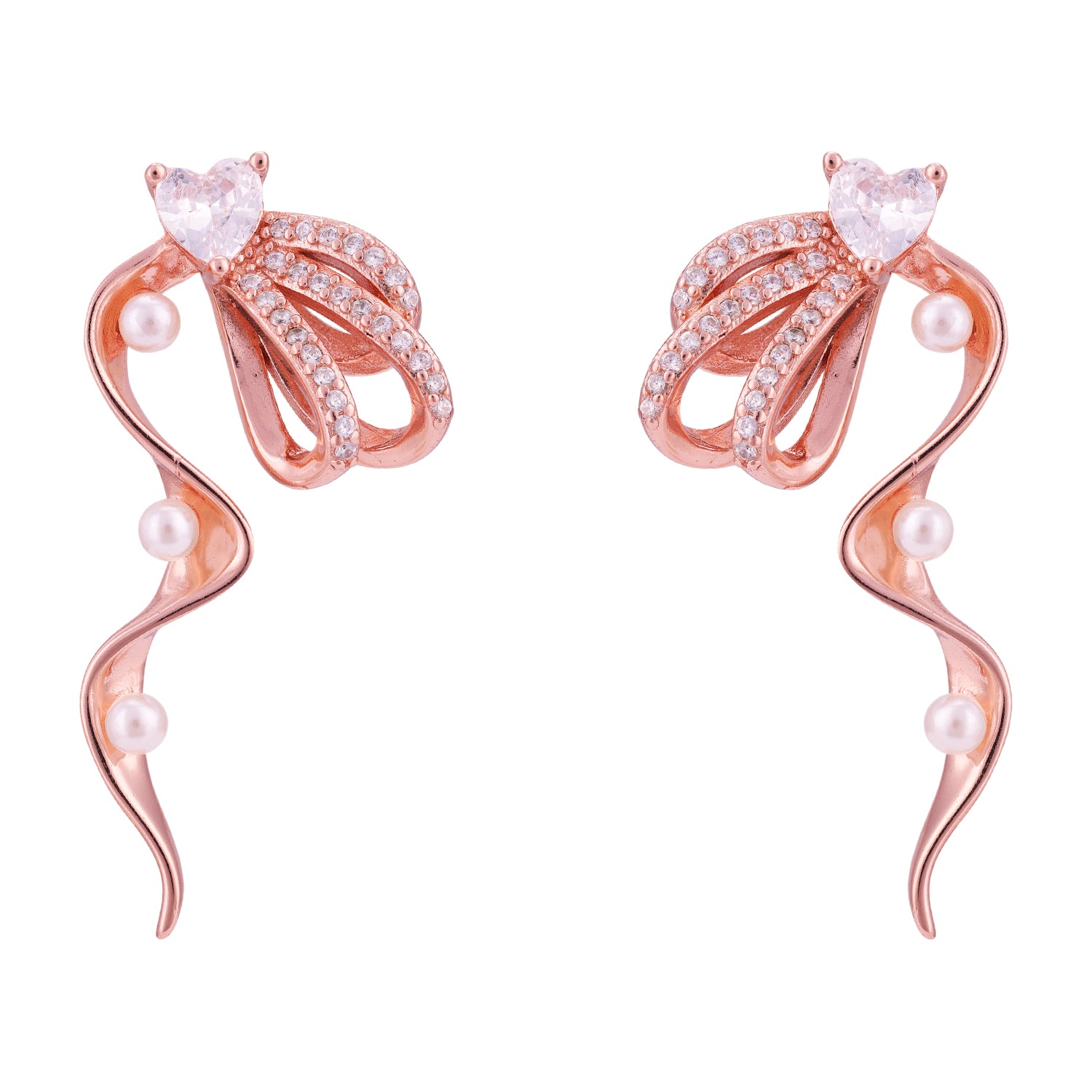 925 Sterling Silver Wavy Pearl Droplet Sparkling Heart Top Earring for Women