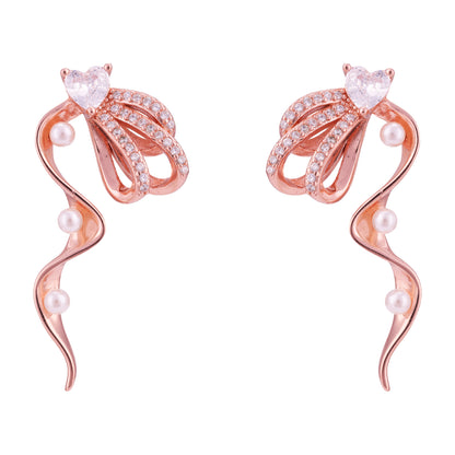 925 Sterling Silver Wavy Pearl Droplet Sparkling Heart Top Earring for Women