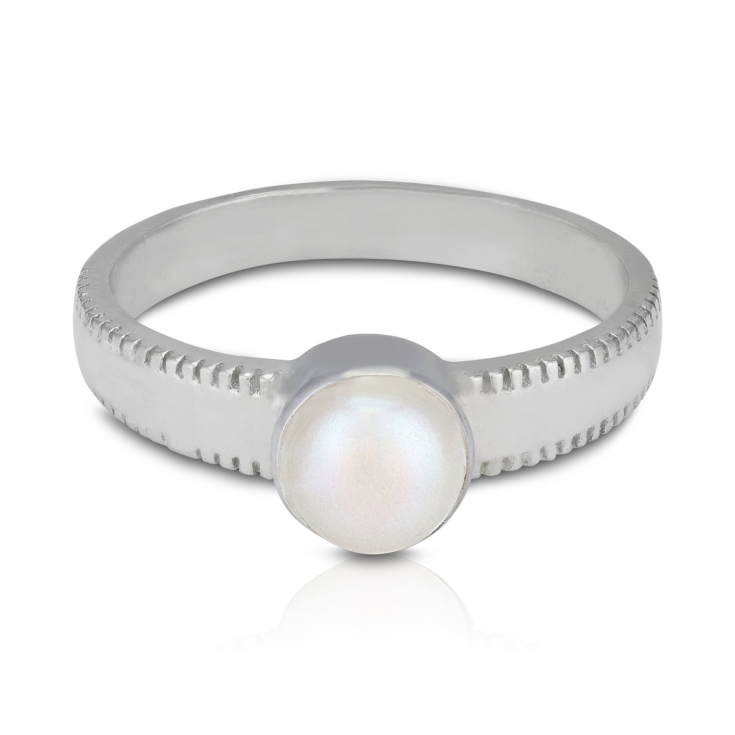925 Sterling Silver White Pearl Subtle Embossed Edging Rhodium Plated Ring for Men