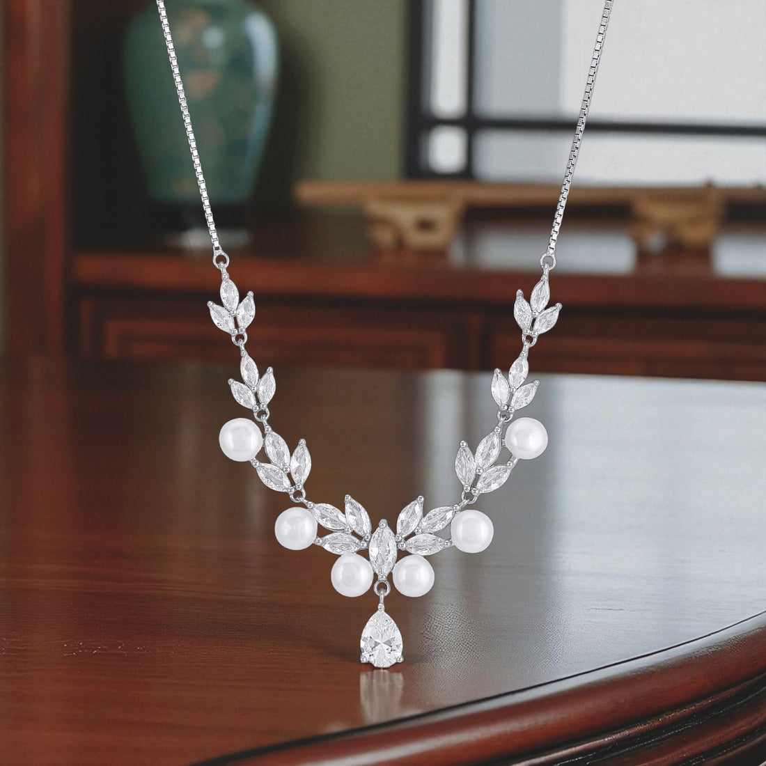 925 Sterling Silver White Rhodium Leafy Pearl Tear Drop Necklace for Women