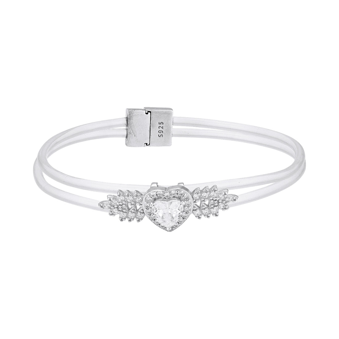 925 Sterling Silver Winged Heart Centerpiece Dual Wire Band Bracelet for Women