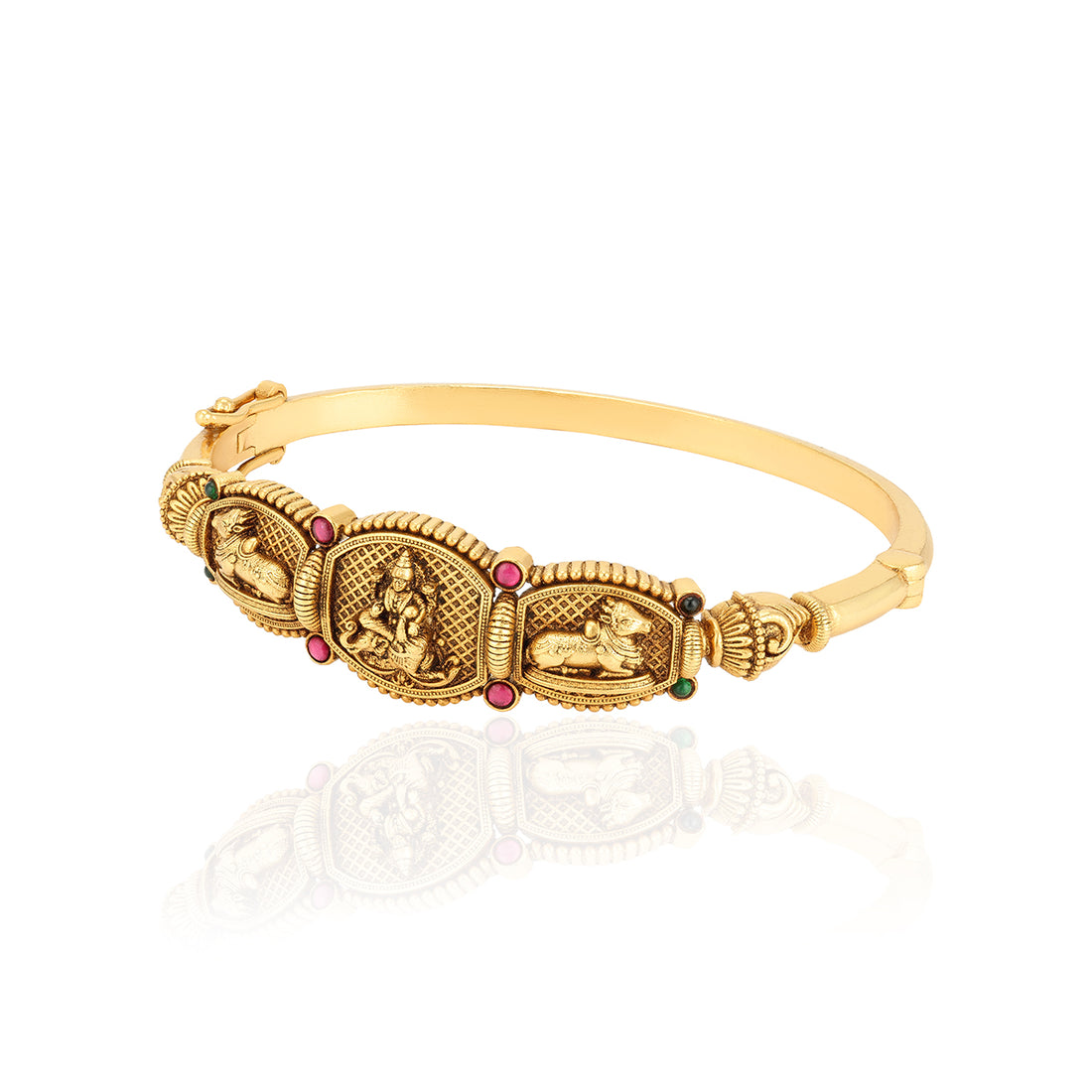 Fl925 Sterling silver Antique Lakshmi Nandhi Red Stoned Kada For Women