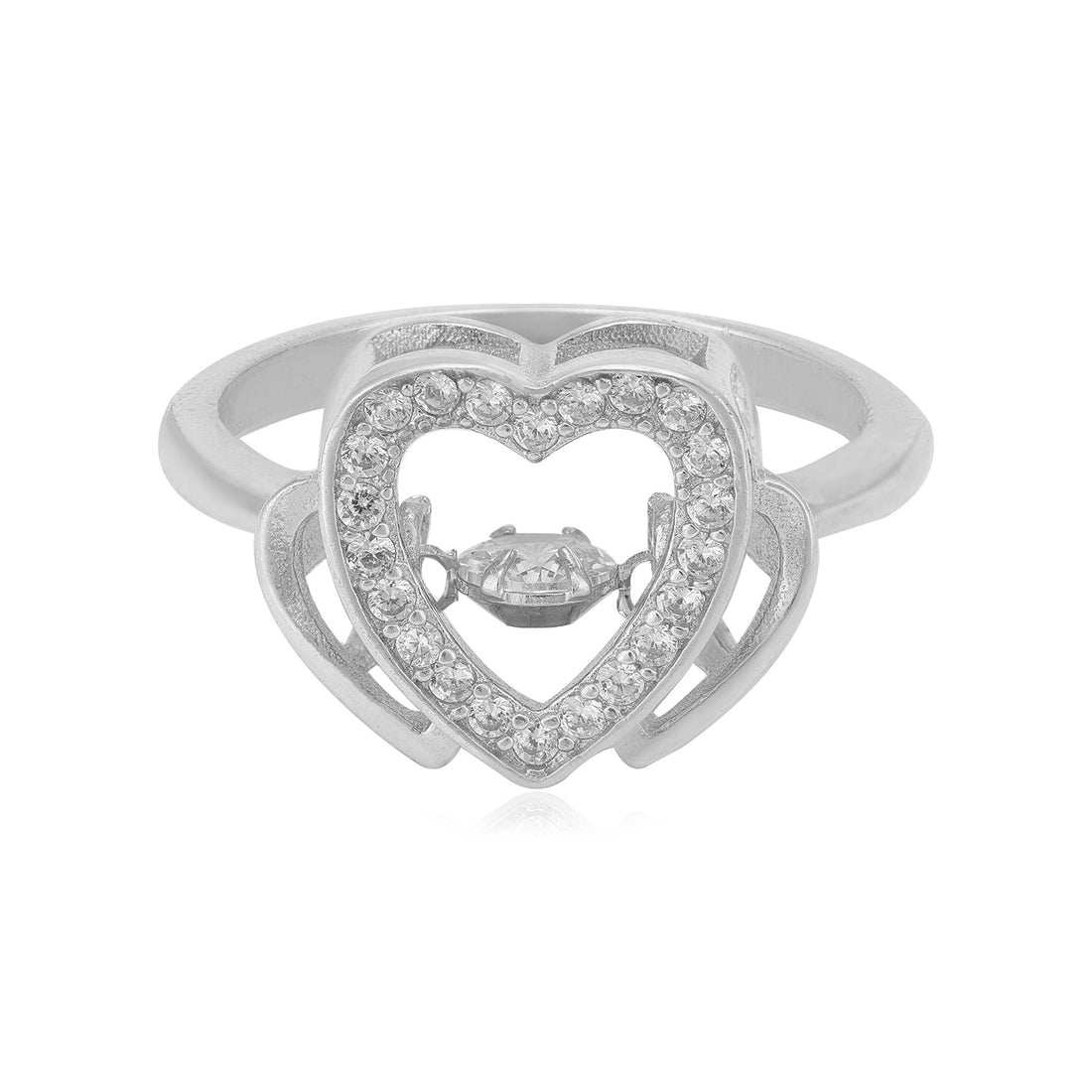 Stoned Full Heart Rhodium Plated Divided Heart with Centred White Stone Rings