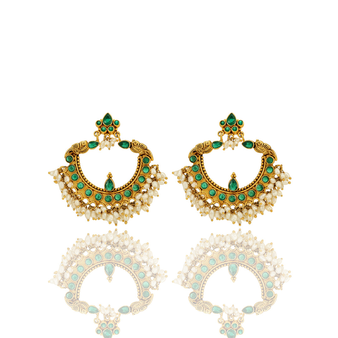 925 Traditional Green Chandbali Pearl Drop Silver Earring