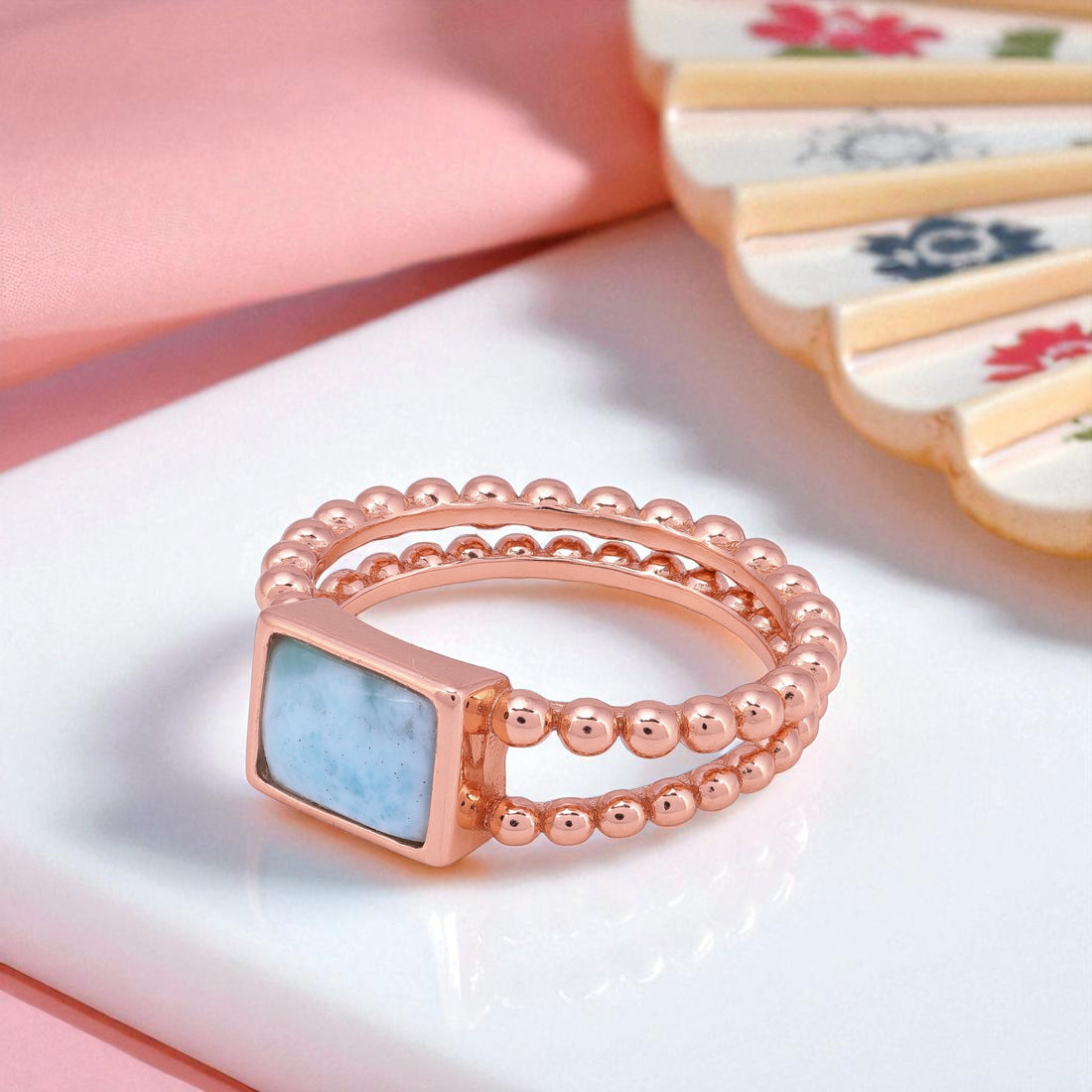925 sterling Silver Rose Gold Rectanora Beaded Frame Ring For Women