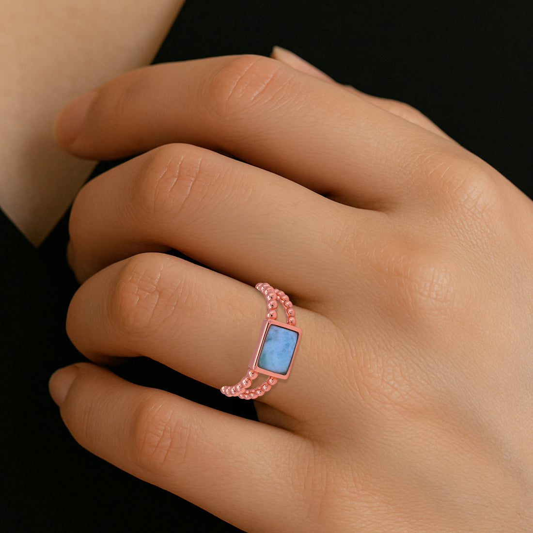 925 sterling Silver Rose Gold Rectanora Beaded Frame Ring For Women