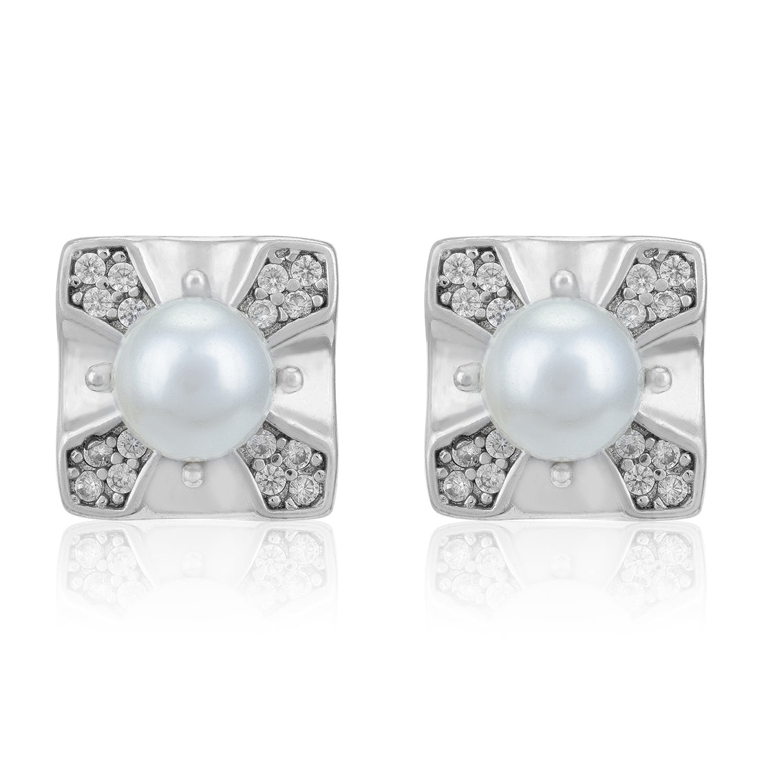Pair of pearl earrings with diamond accents on a white background