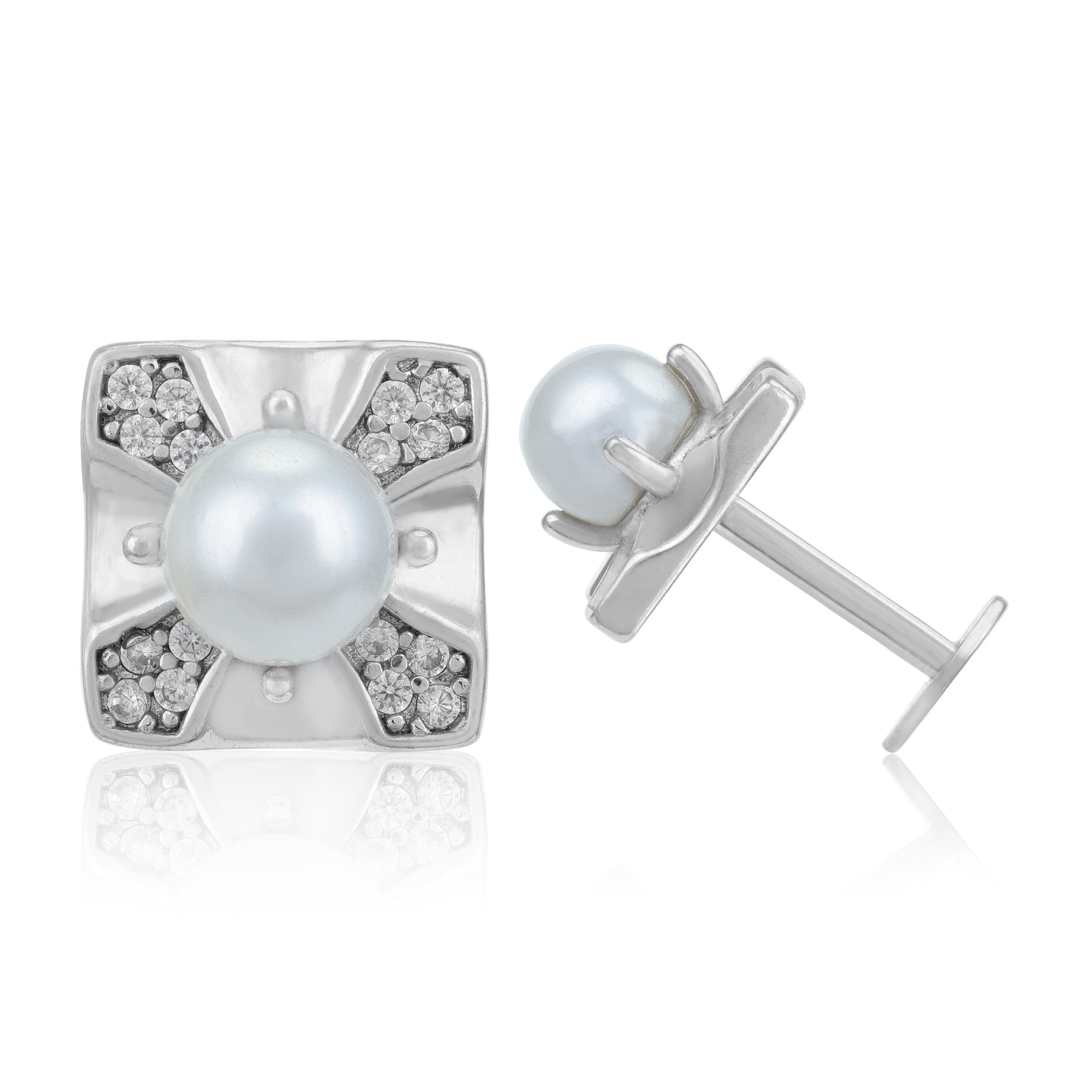 Pearl earring with silver setting on a white background