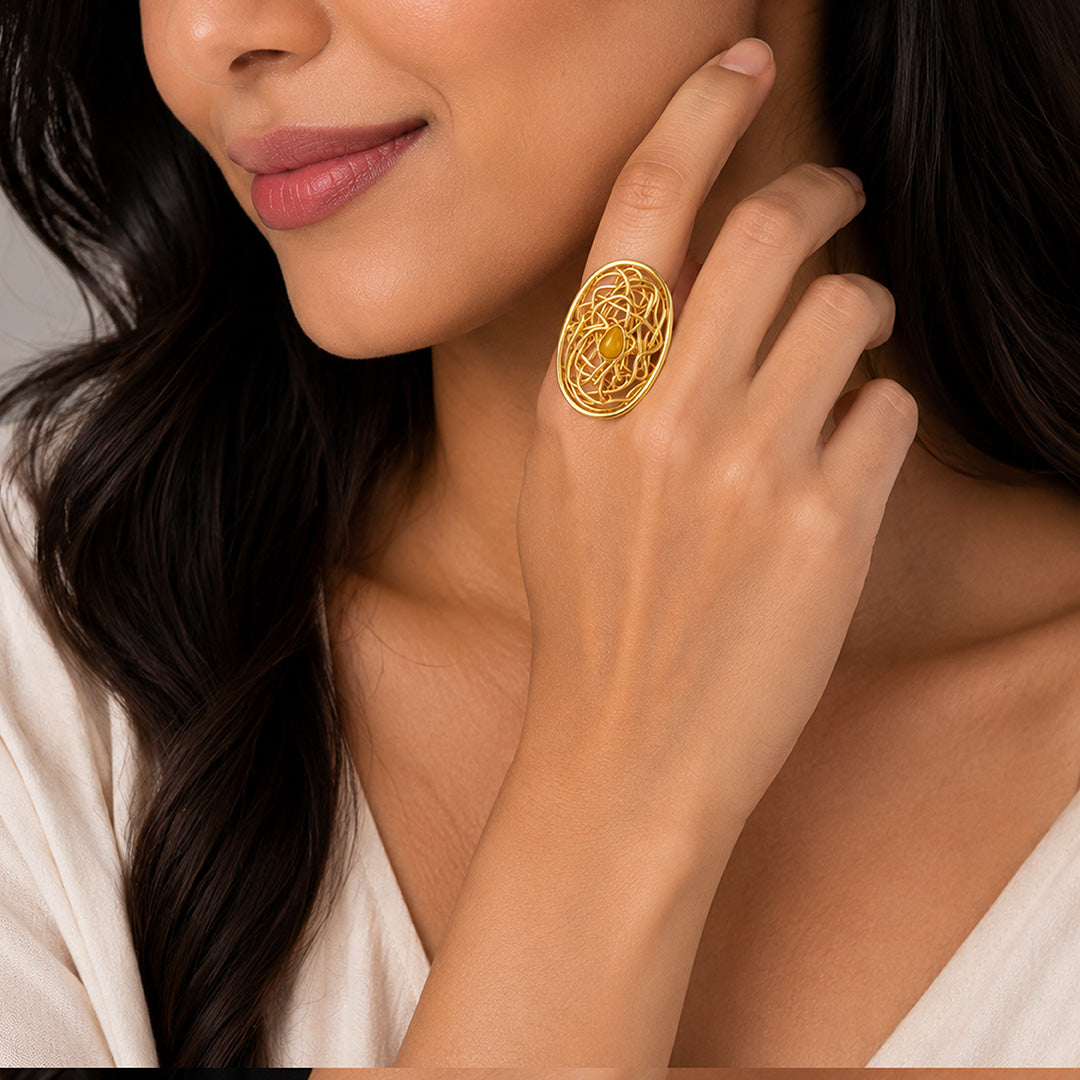 Abstract Wire Nest 18K Gold Plated Tiger Eye Cocktail Ring
