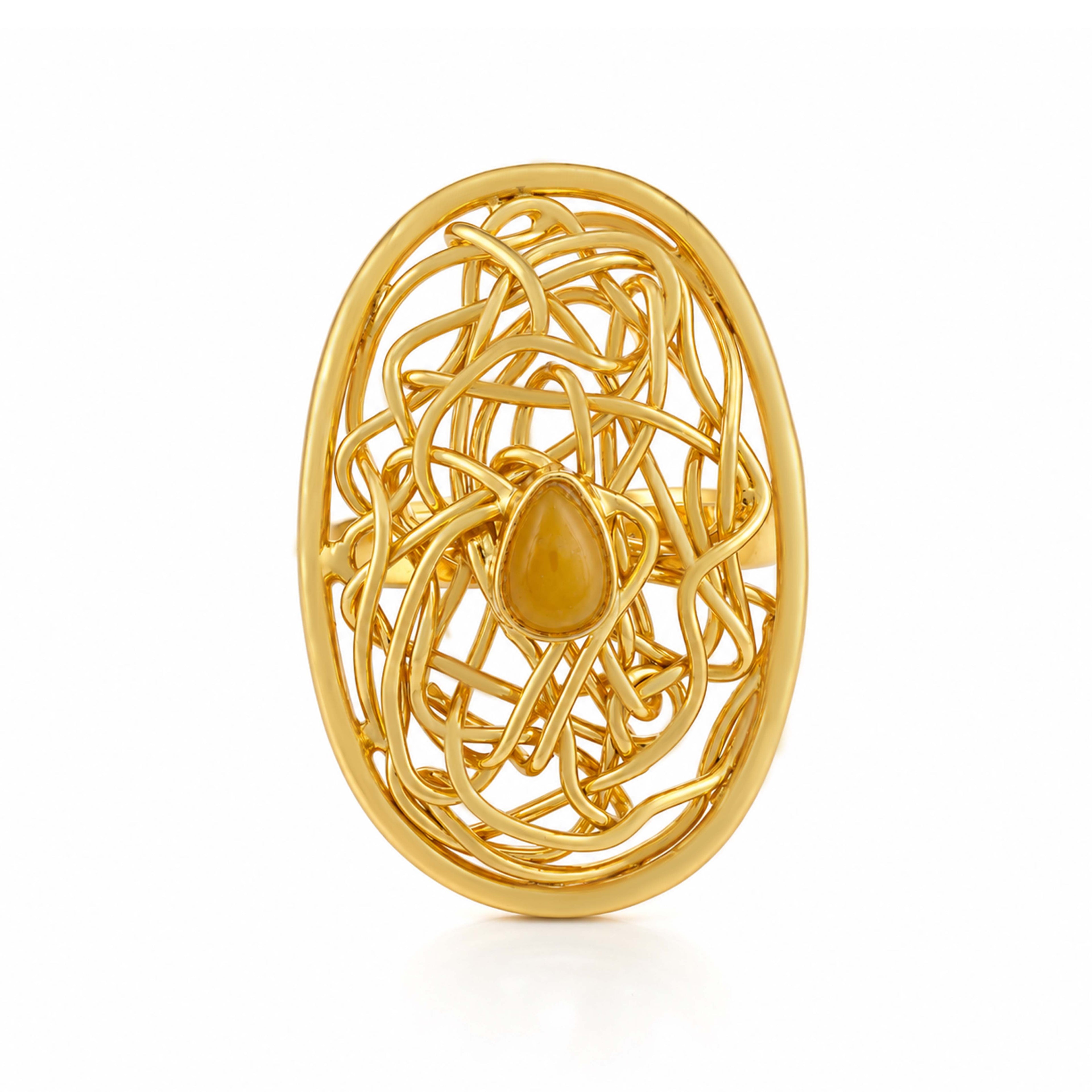 Abstract Wire Nest 18K Gold Plated Tiger Eye Cocktail Ring