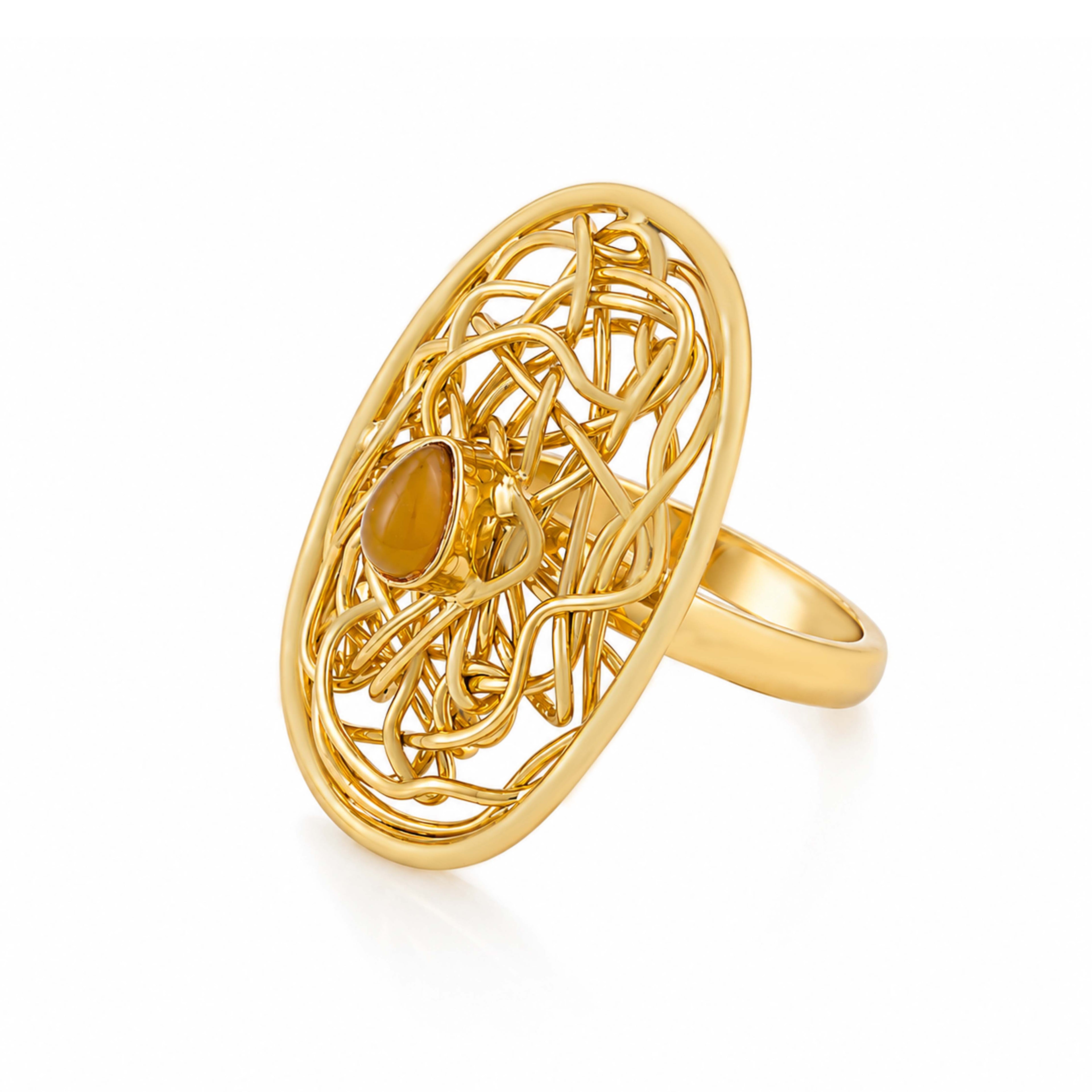 Abstract Wire Nest 18K Gold Plated Tiger Eye Cocktail Ring