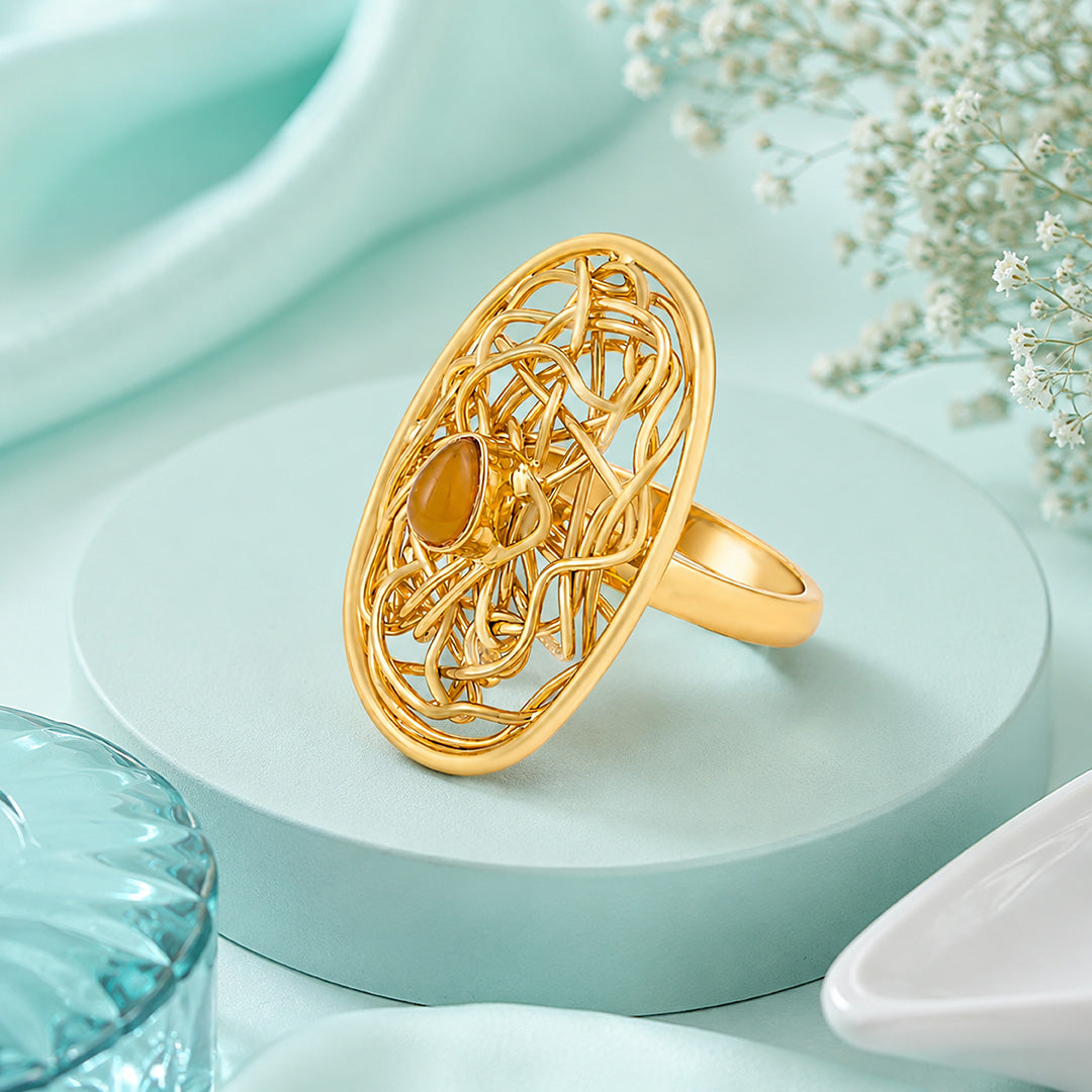 Abstract Wire Nest 18K Gold Plated Tiger Eye Cocktail Ring