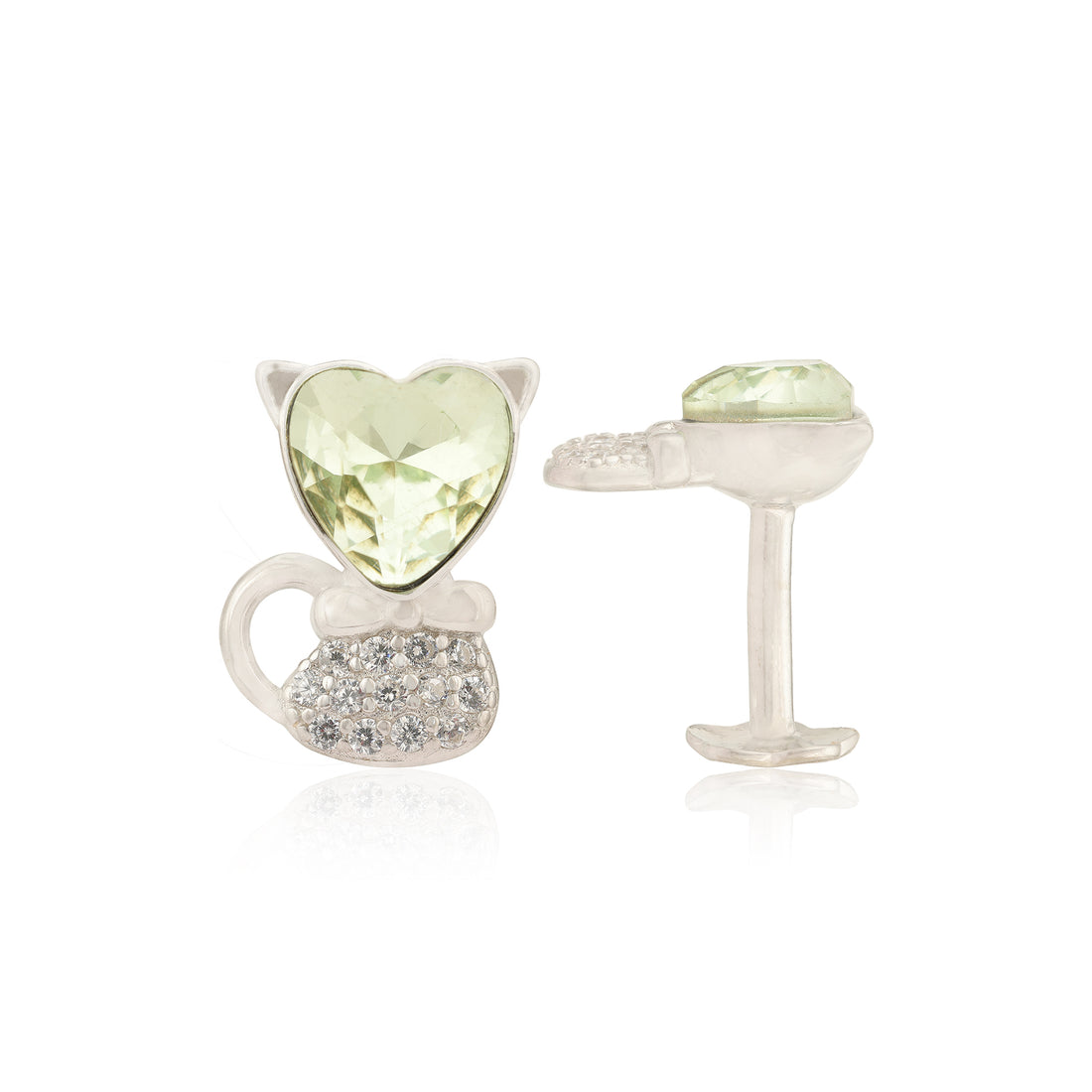 Adorable Heart Head Rhodium Kitty Cat Studs