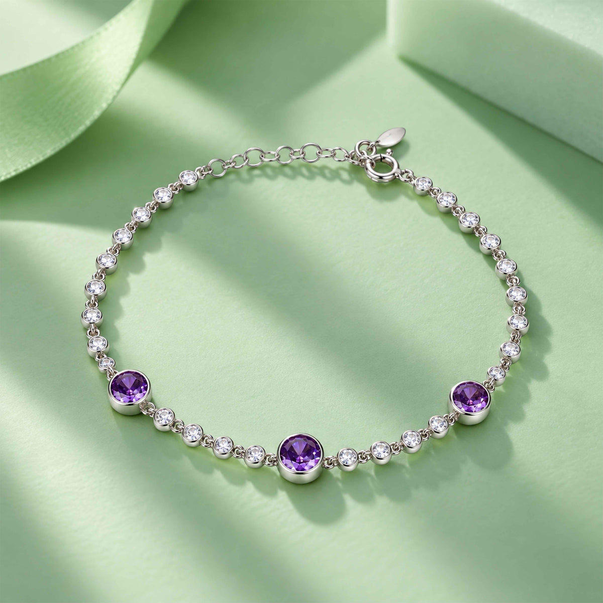 Amethyst Purple Crystal Station Sterling Silver Bracelet