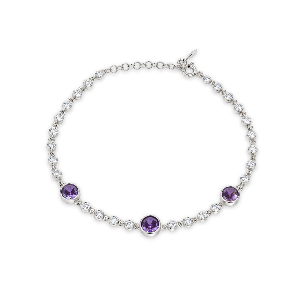 Amethyst Purple Crystal Station Sterling Silver Bracelet