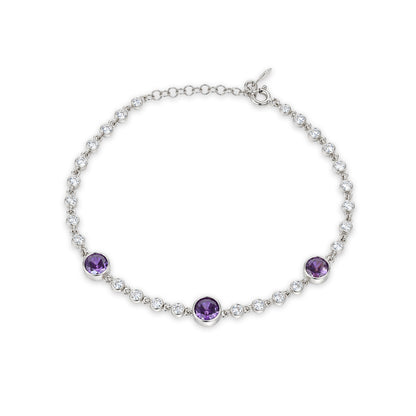 Amethyst Purple Crystal Station Sterling Silver Bracelet