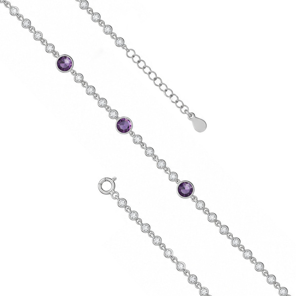 Amethyst Purple Crystal Station Sterling Silver Bracelet