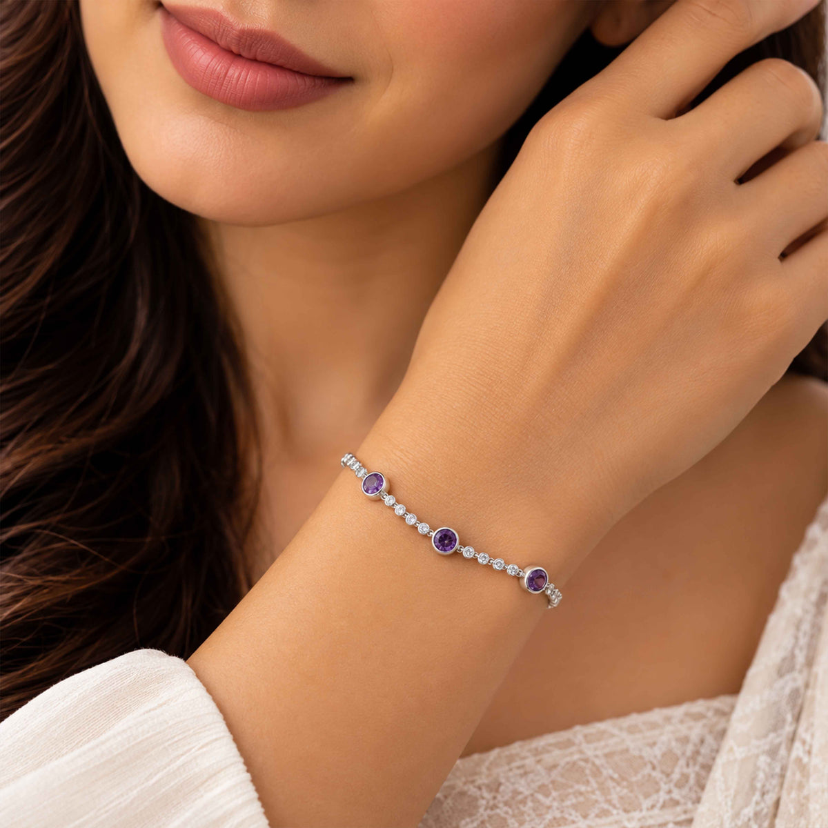Amethyst Purple Crystal Station Sterling Silver Bracelet