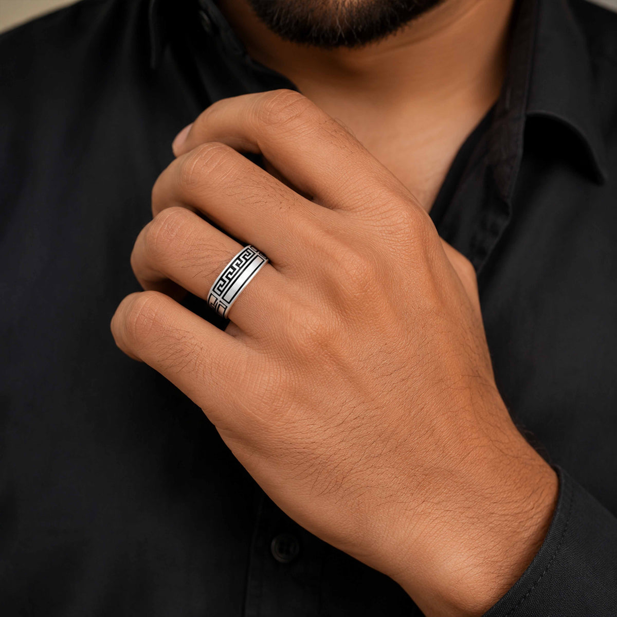 Ancient Greek Meander Band 925 Sterling Silver Ring for Men