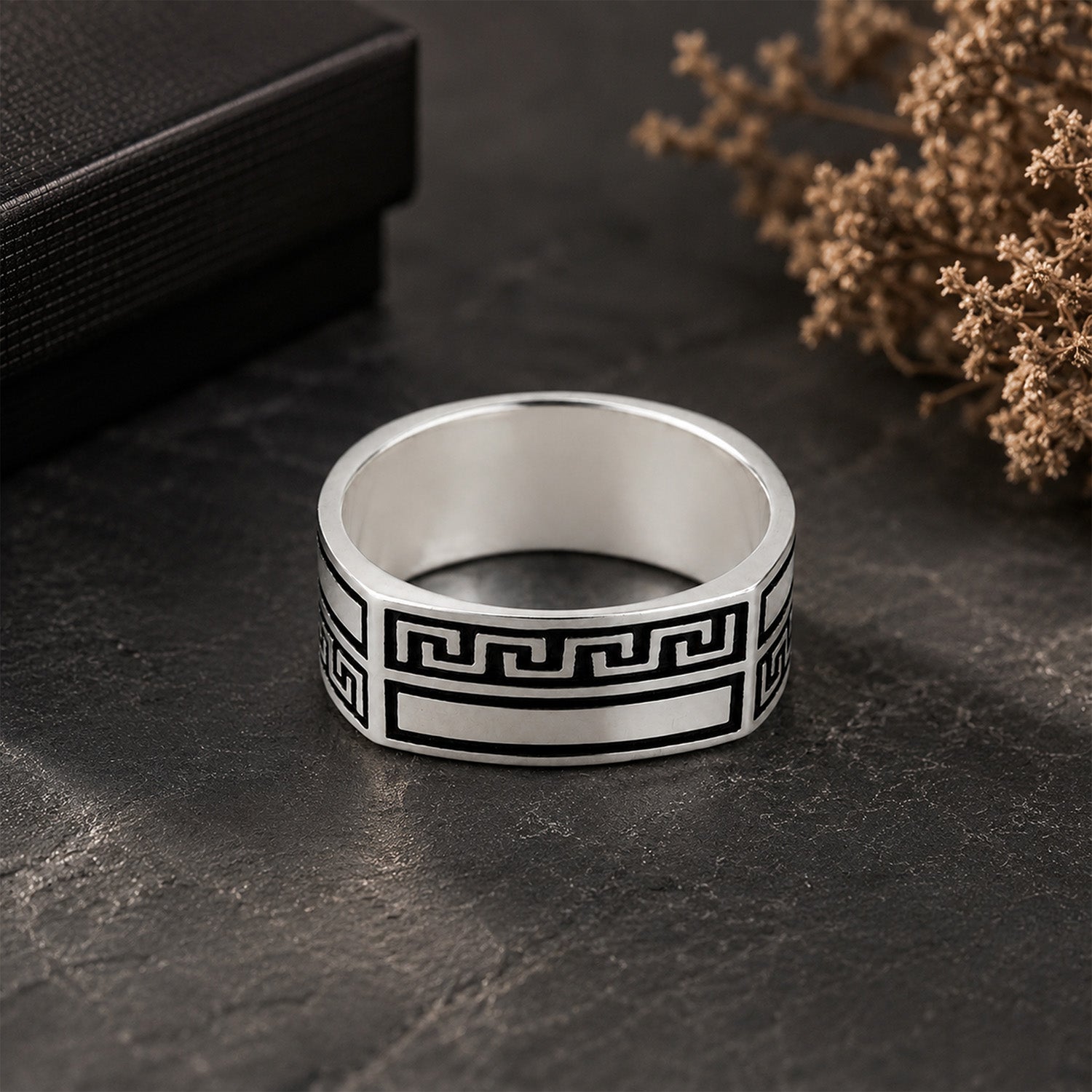 Ancient Greek Meander Band 925 Sterling Silver Ring for Men