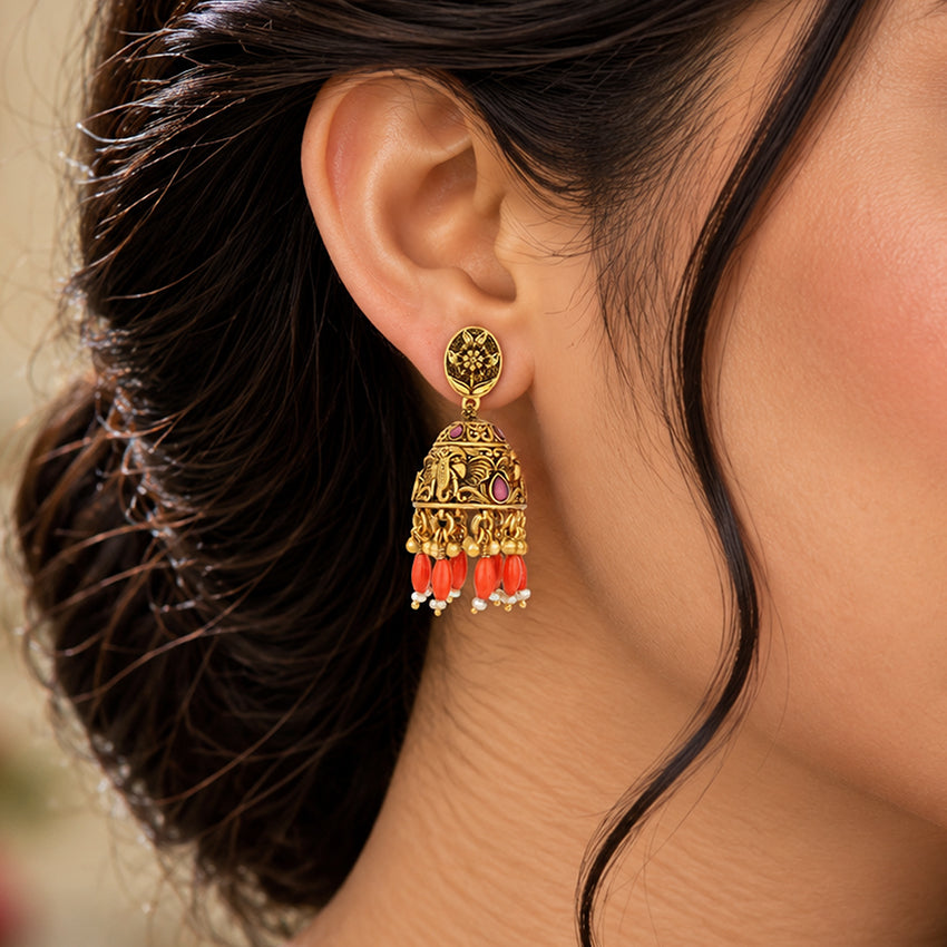 Antique Elephant Motif Temple 925 Sterling Silver Coral Drop Earring for Women