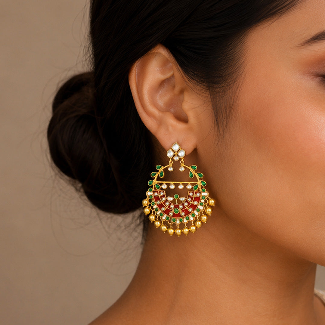 Antique Gold Meenakari Kundan Chandbali Earrings