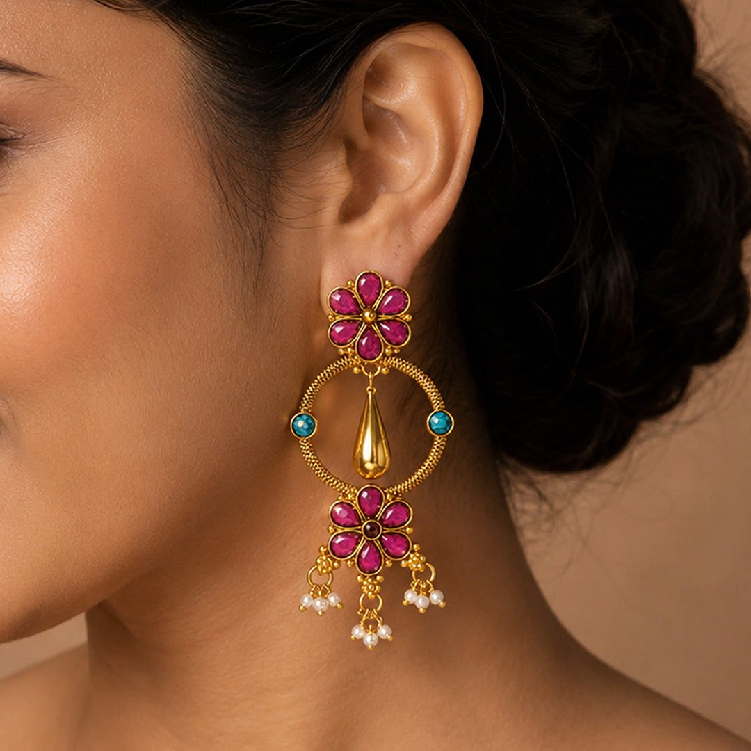 Antique Gold Pink Floral Drop Earrings
