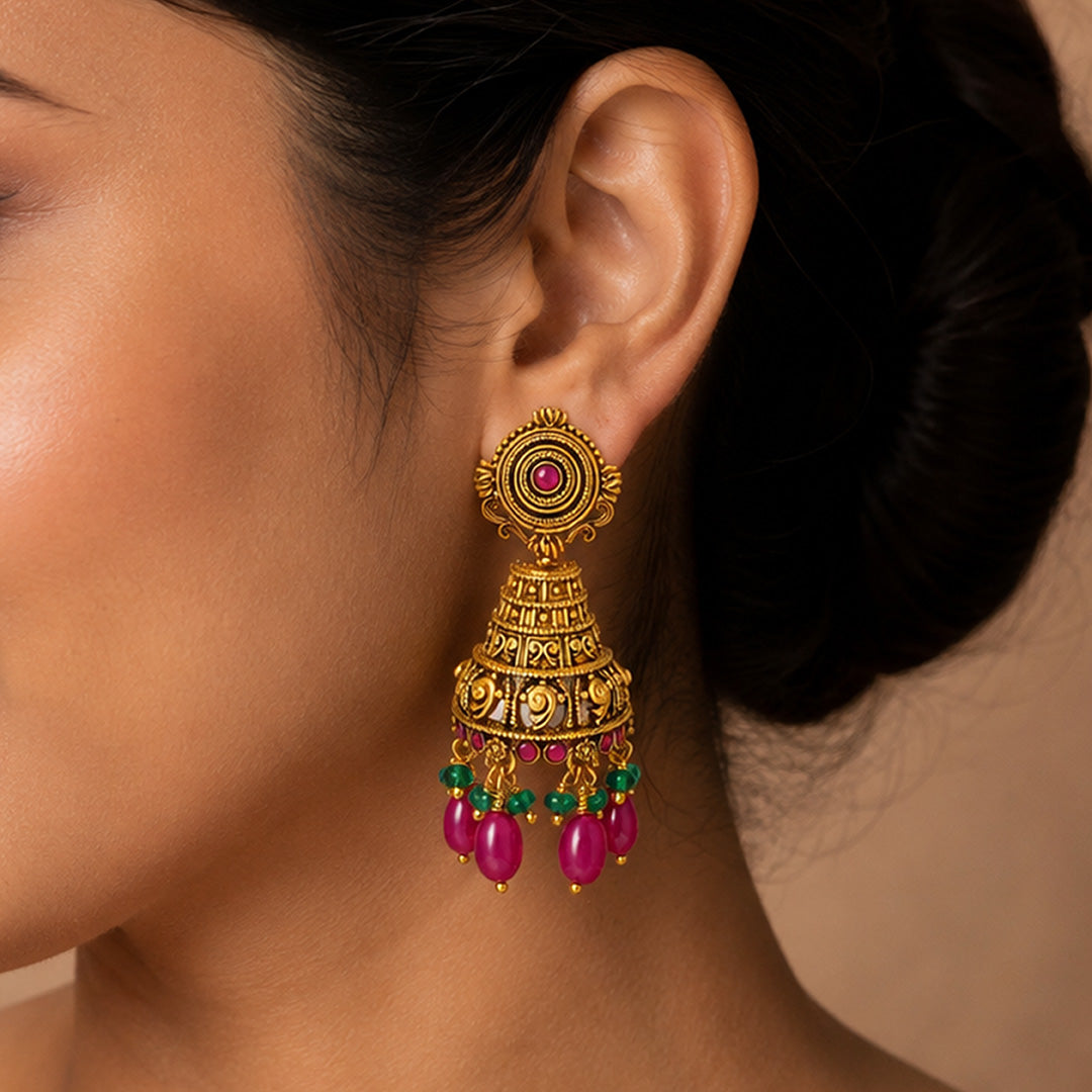 Antique Gold Temple Jhumka Earrings with Ruby Pink Beads