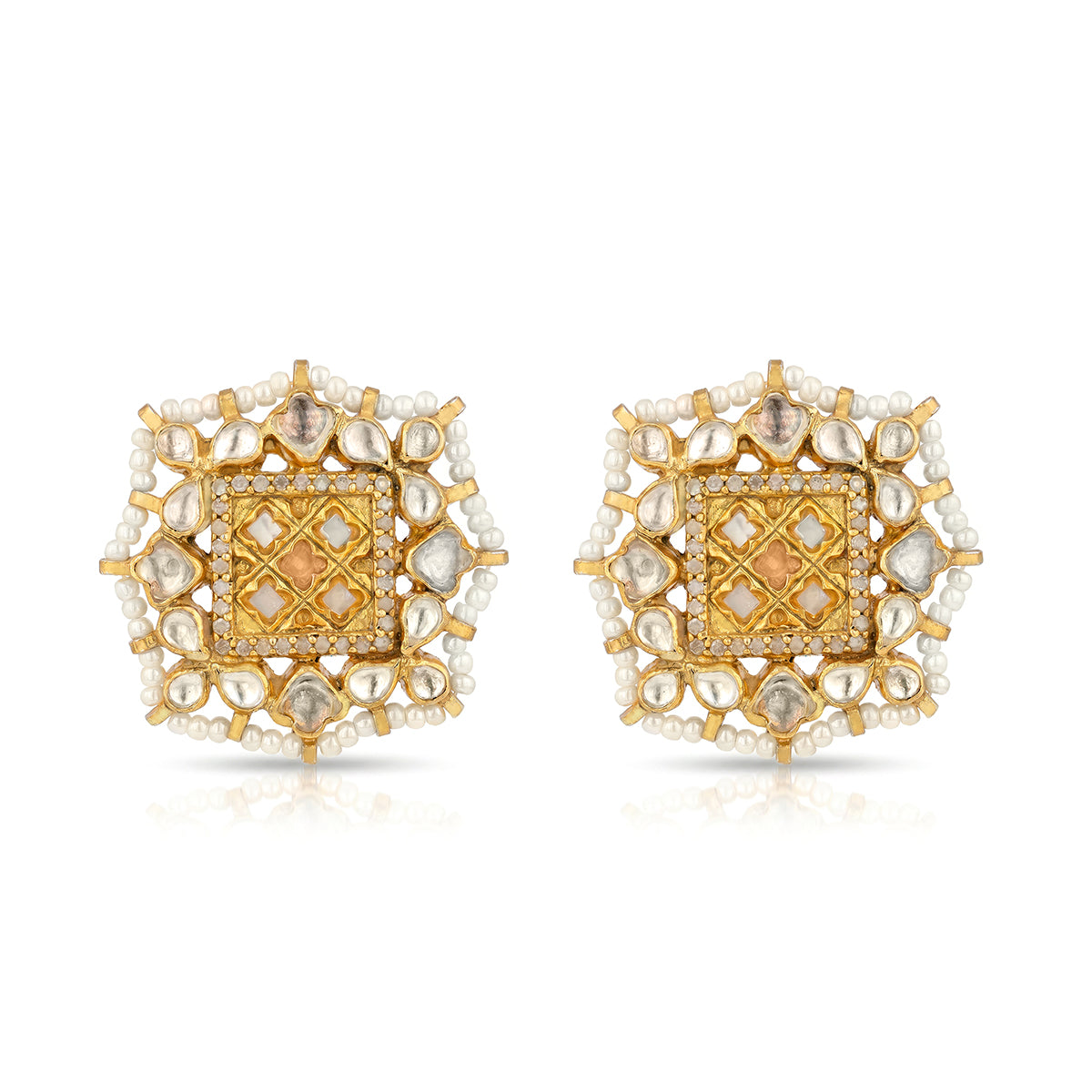Antique Kundan Pearl 925 Sterling Silver Earrings