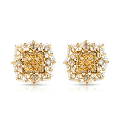 Antique Kundan Pearl 925 Sterling Silver Earrings