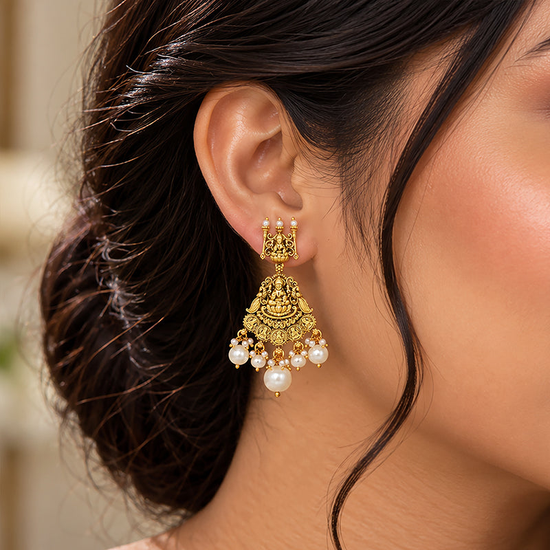 Antique Lakshmi Temple Pearl Fringe 925 Sterling Silver Gold Plated Earrings for Women