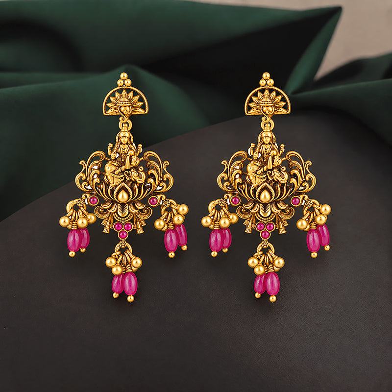 Antique Lakshmi Motif 925 Sterling Silver Pink Drop Earrings for Women