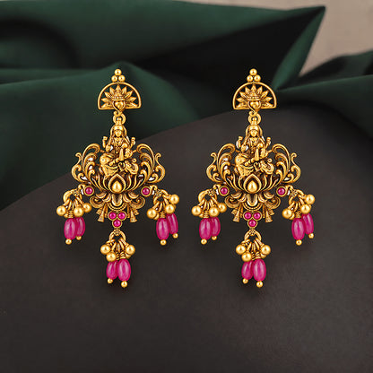 Antique Lakshmi Motif 925 Sterling Silver Pink Drop Earrings for Women