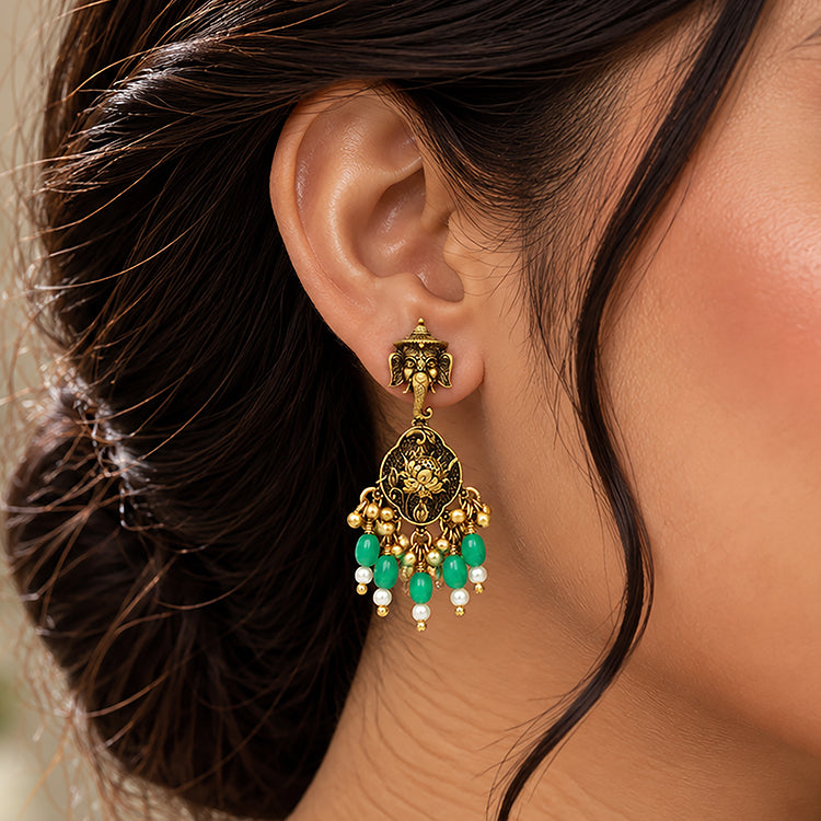 Antique Lord Ganesha Lotus Motif 925 Sterling Silver Green Drop Earring for Women