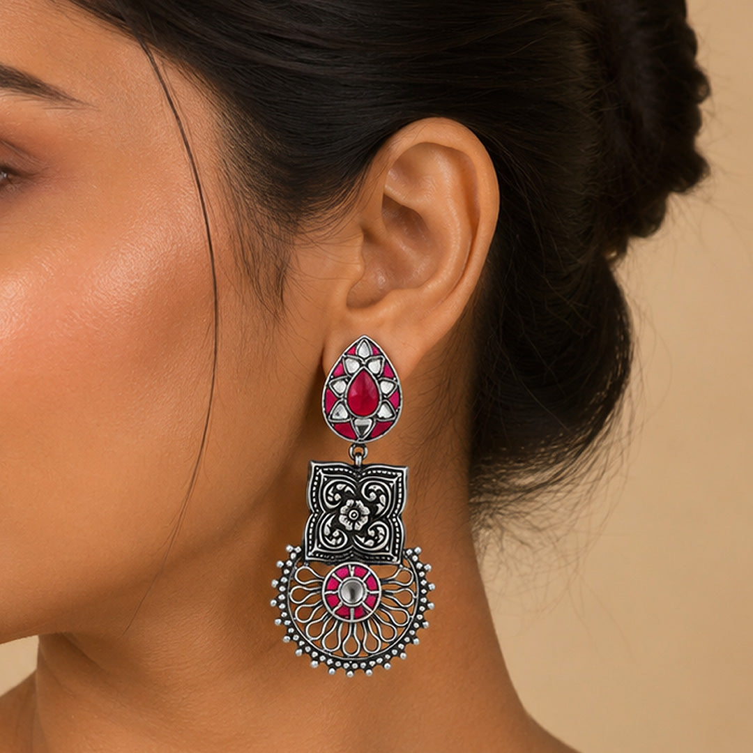 Antique Ruby Lotus 925 Sterling Silver Earring